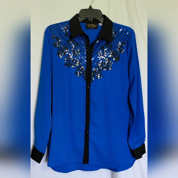 80's Vintage Bob Mackie Wearable‎ Art Blue Blouse with Black Sequins, Size S - Picture 1 of 5